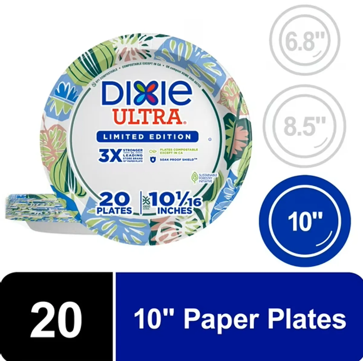 Dixie Ultra Limited Edition Disposable Plates 20 Pack, Tropical Monstera Design