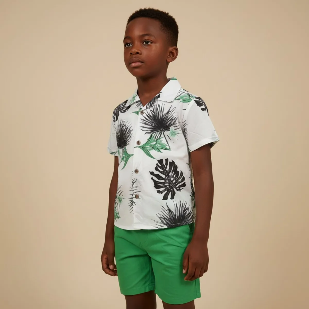 Boys  Short Sleeve Button Down Leaf Print Shirt With Shorts - Size 6Y