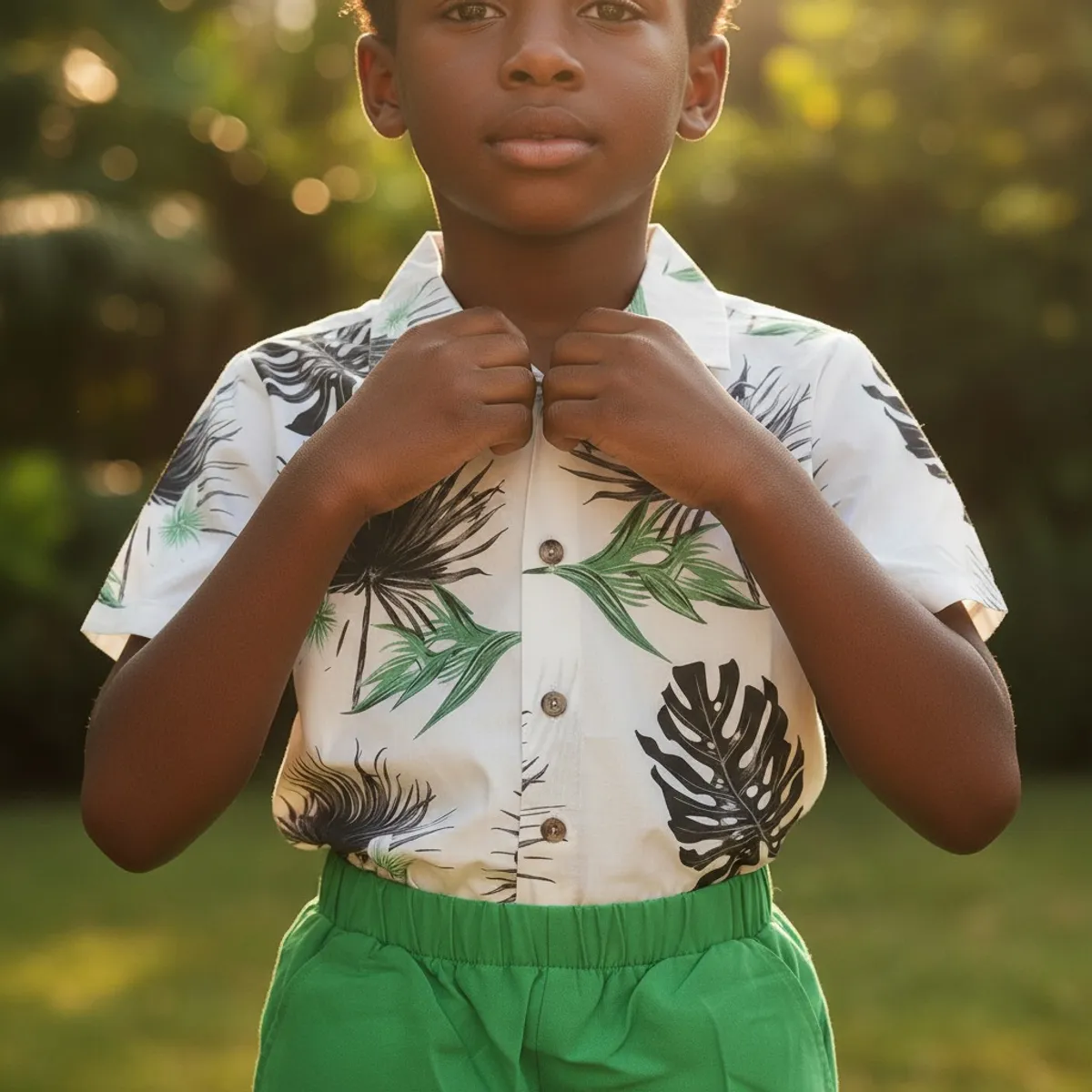 Boys  Short Sleeve Button Down Leaf Print Shirt With Shorts - Size 6Y