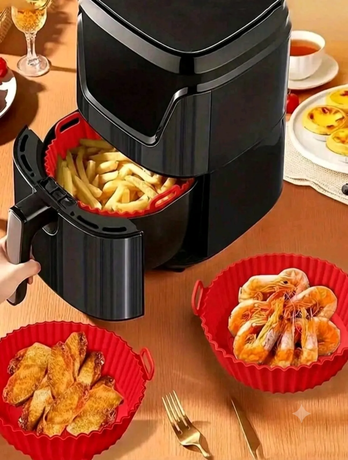 2PCS Air Fryer Baking Tray, Air Fryer Silicone Pot, Air Fryer Silicone Basket Bowl, Grill Tray Reusable Bowl Baking Non-Stick Mat Thickened Silicone Baking Tray Eid Mubarak, 8 Inch Reusable