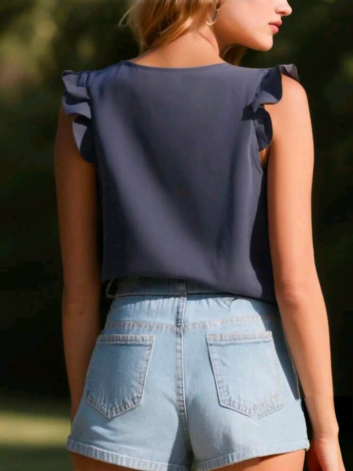 Women's Navy V-Neck Lace Floral Trim Blouse With Flutter Sleeves – Size XS