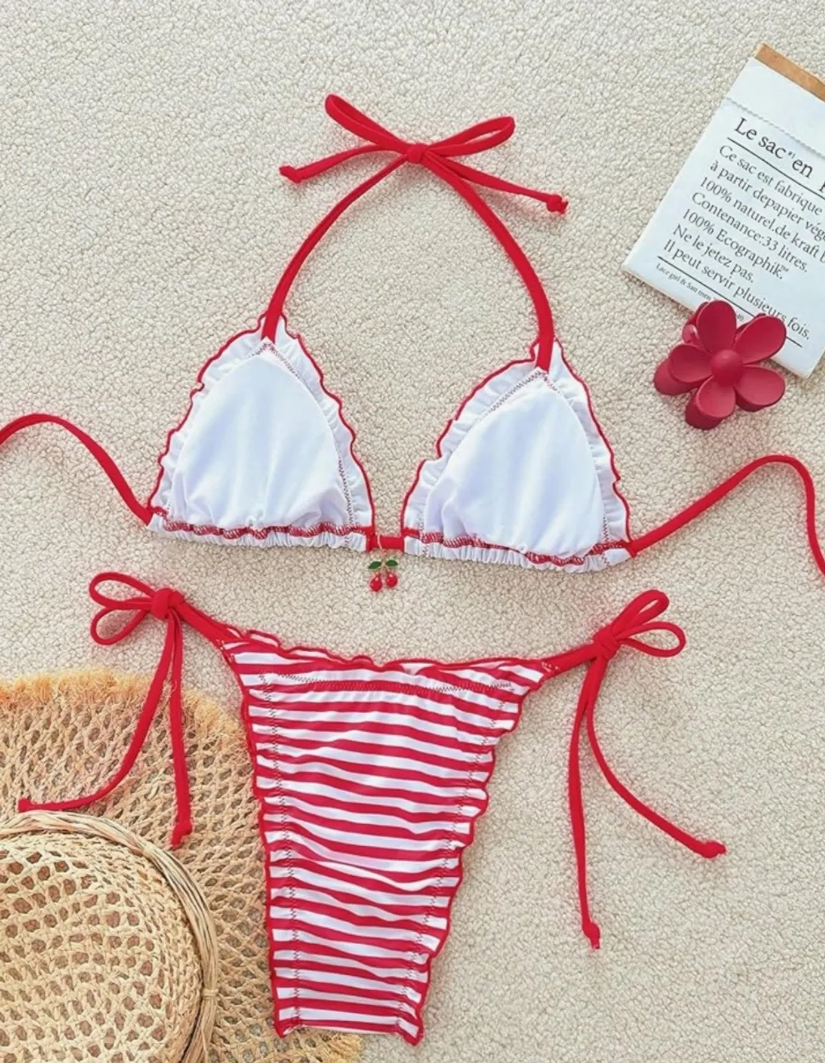 Women's 2 Piece Bikini Set Cherry Print Halter Triangle Summer Striped String Swimsuit - Size S