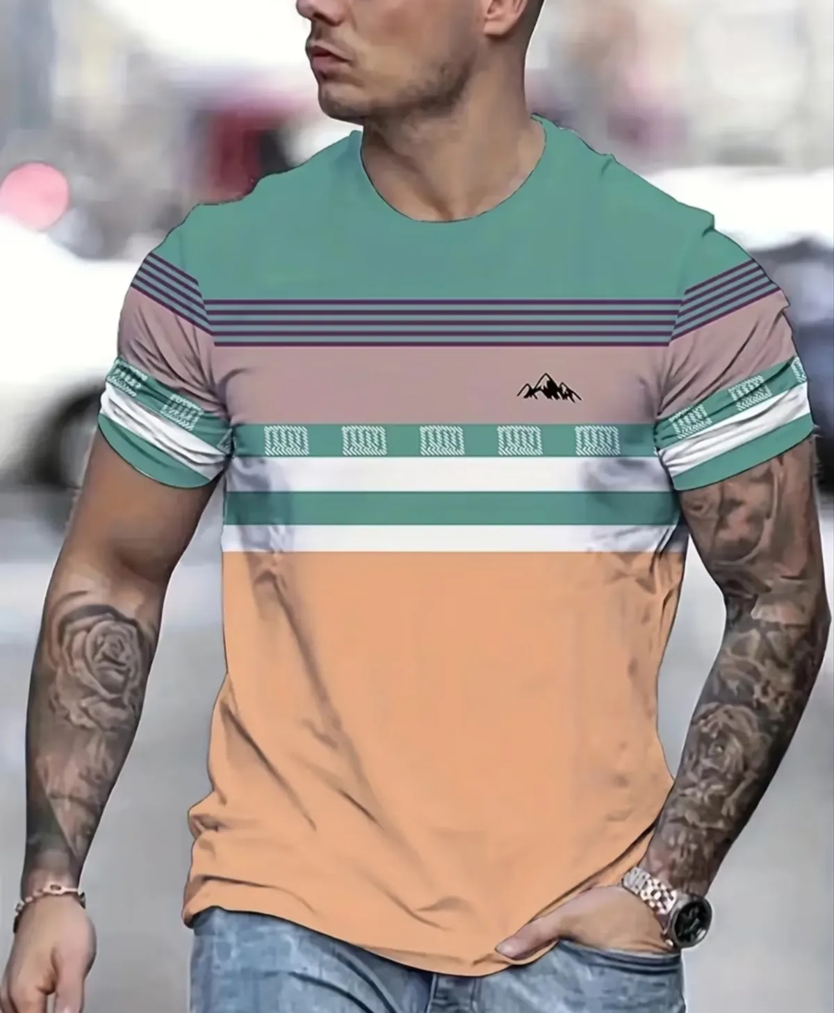 Men'S Elegant Sports T-Shirt - Casual Geometric Pattern - Size S