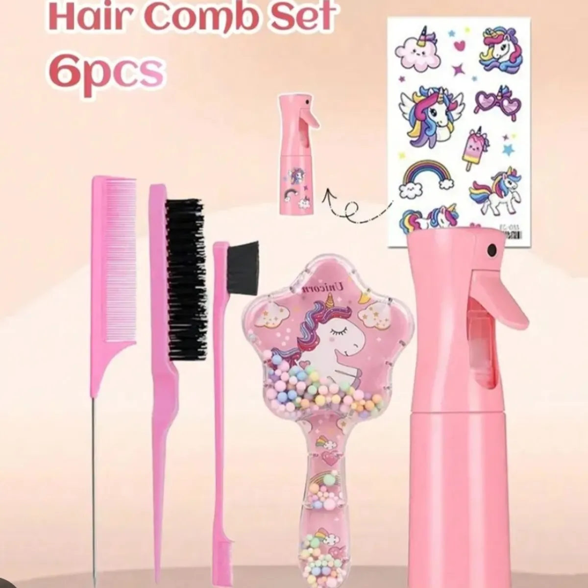 5pcs Unicorn Design Spray Bottle, Transparent Comb, Cartoon Hair Detangling Brush Set, Mini Massage Comb