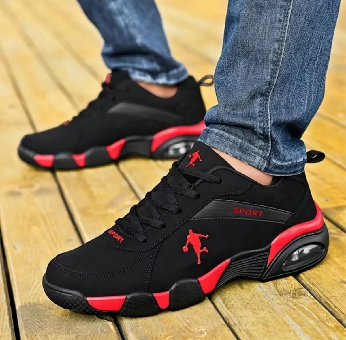 Men'S Breathable Mesh & PU Casual Sneakers With Geometric Design, Lace-Up Closure, and Cushioned Support - Red, Black & White Colorway - Size 8.5/9