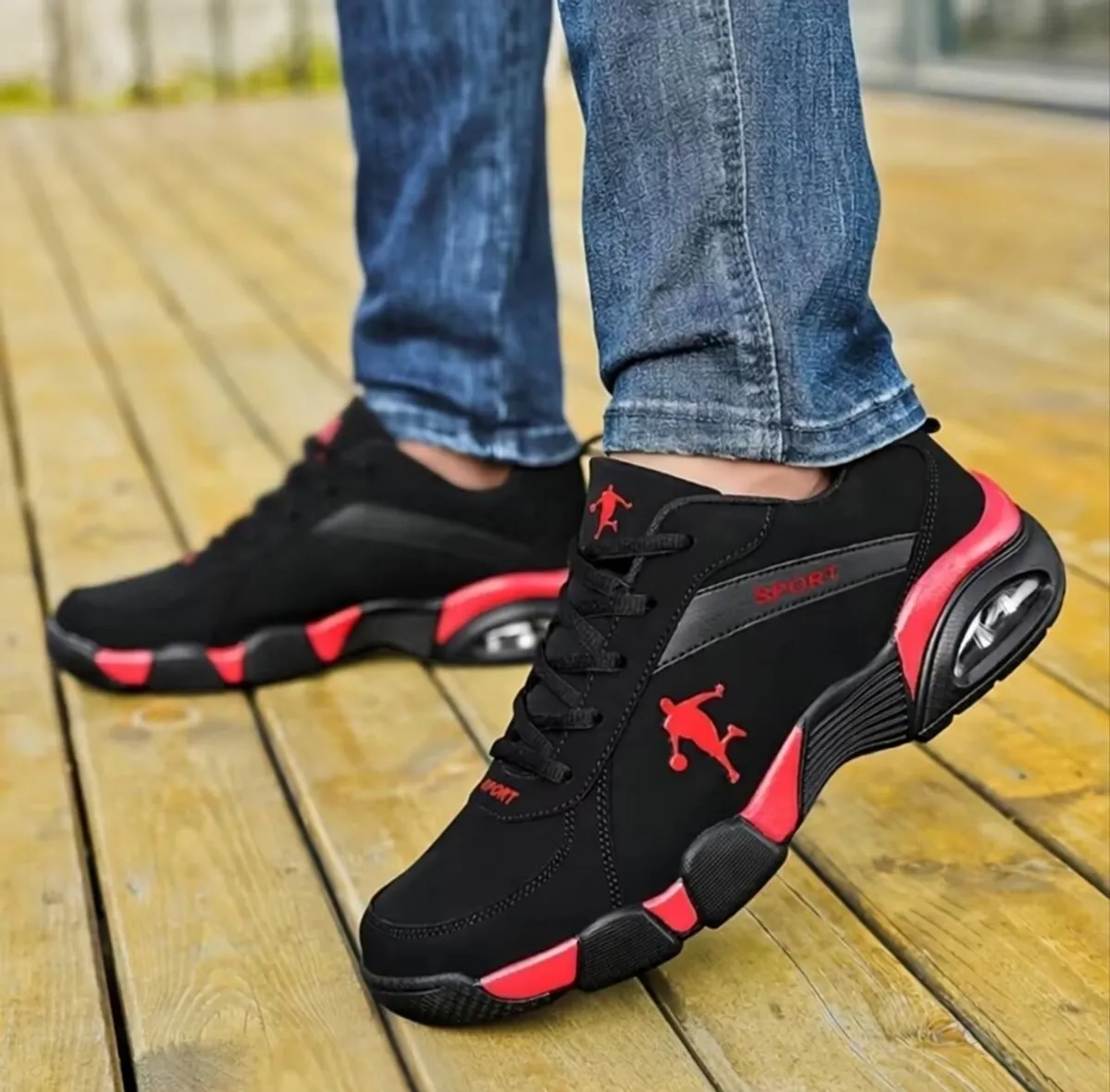 Men'S Breathable Mesh & PU Casual Sneakers With Geometric Design, Lace-Up Closure, and Cushioned Support - Red, Black & White Colorway - Size 8.5/9