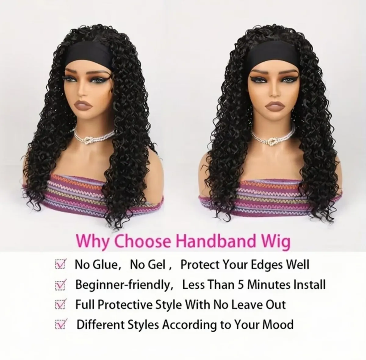 Wig Curly  With Headband Wigs For Women 18 Inch Water Wave Glueless Wig Synthetic Half Wig