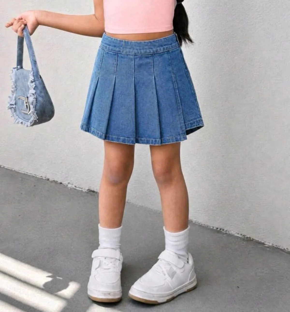 Elladie Girls' Denim Shorts, Pleated Denim Skirt, Blue Washed Denim Color, Washed Pleated, Comfortable Fine Cotton  - 7Y