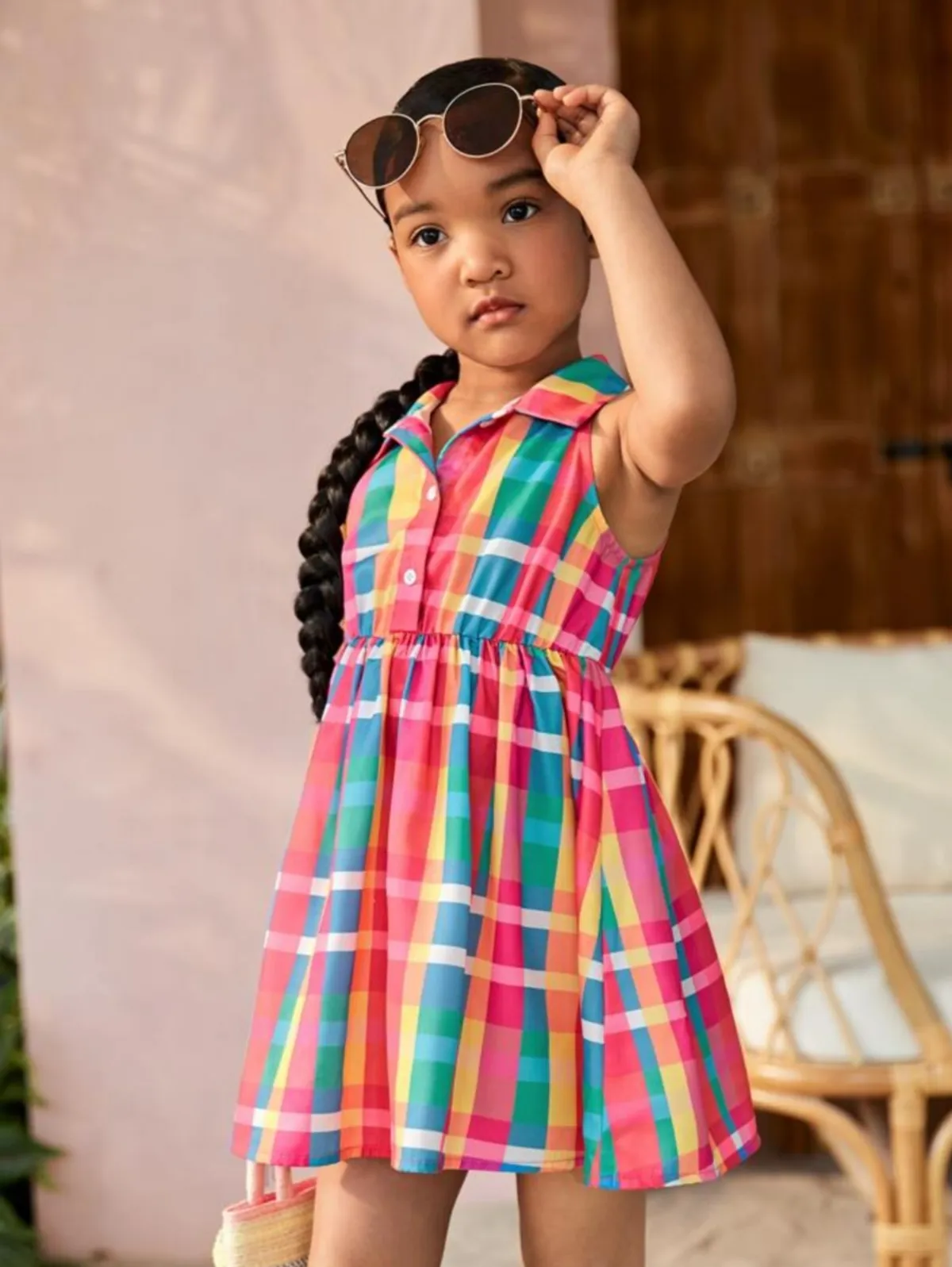 Young Girl Casual Colorful Plaid Sleeveless Shirt Collar Half Button Down Dress - Size 7Y