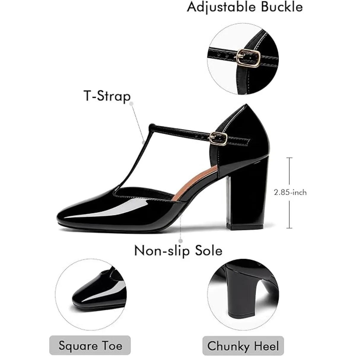 Women’s Mary Jane Chunky Heels, Vintage T-Strap Square Toe Pumps, 2.8 Inch Block Heel Dress Shoes for Work, Wedding, Party (Size: 8)