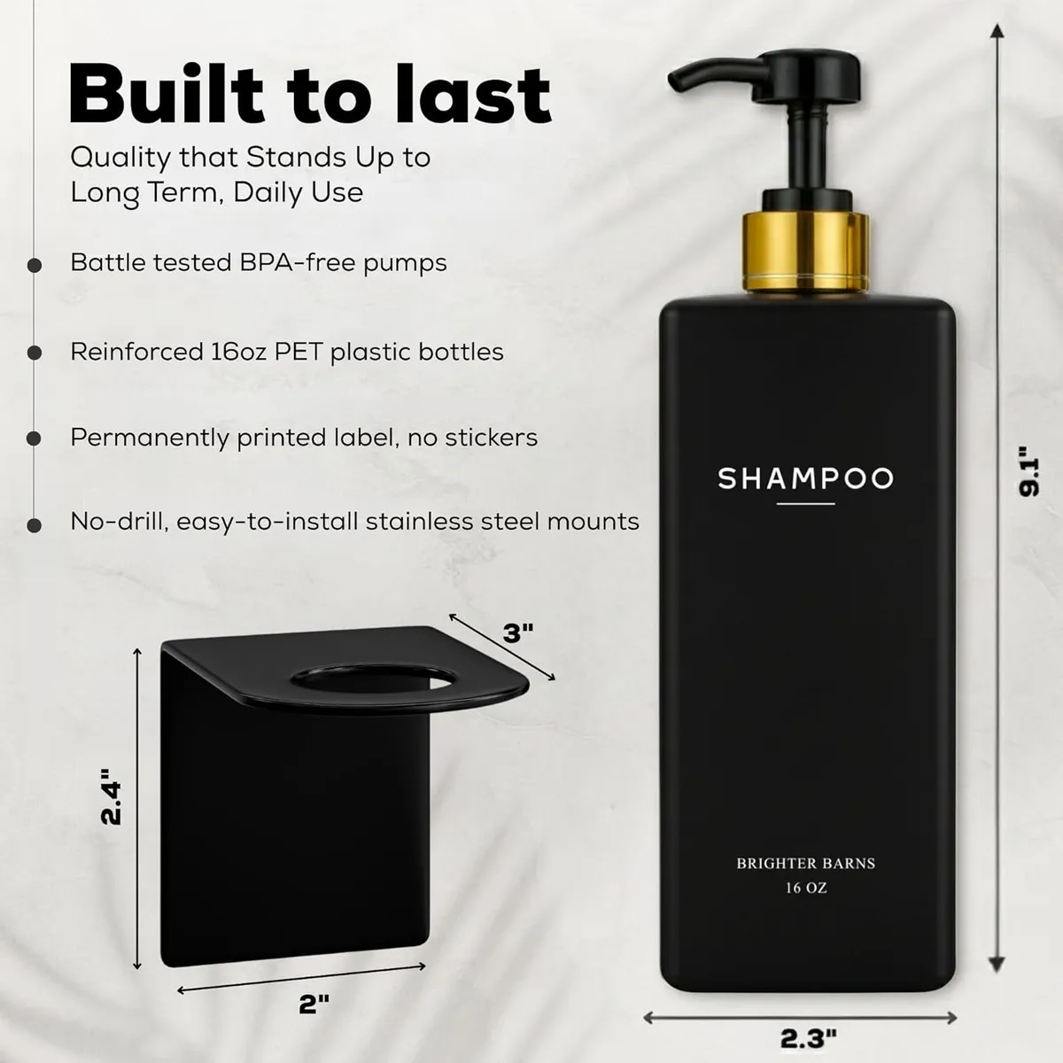 3-Pack Wall Mounted Shampoo and Conditioner Dispensers, No Drill Adhesive Shower Bottle Set, Black Refillable Body Wash Containers, Rust-Proof Pumps for Bathroom, Hotel, Home
