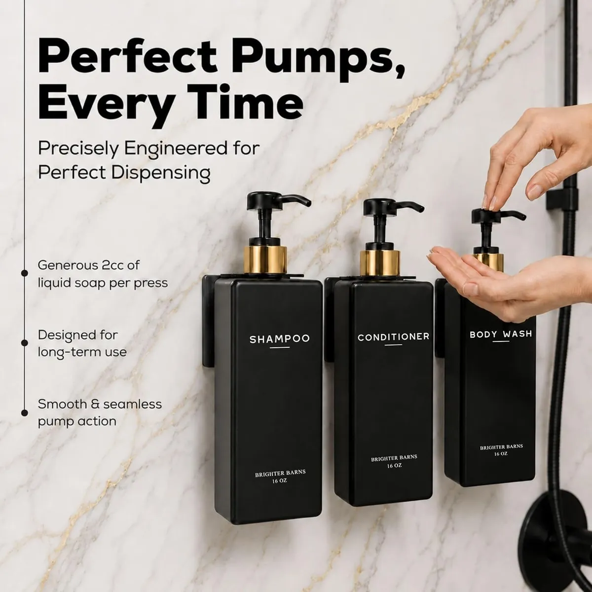 3-Pack Wall Mounted Shampoo and Conditioner Dispensers, No Drill Adhesive Shower Bottle Set, Black Refillable Body Wash Containers, Rust-Proof Pumps for Bathroom, Hotel, Home