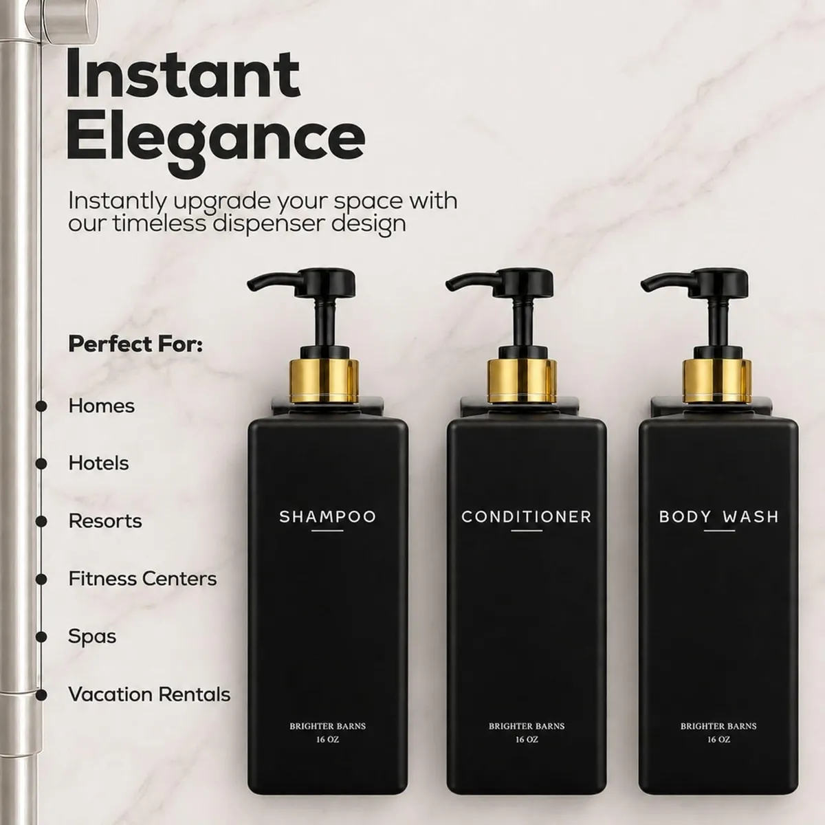 3-Pack Wall Mounted Shampoo and Conditioner Dispensers, No Drill Adhesive Shower Bottle Set, Black Refillable Body Wash Containers, Rust-Proof Pumps for Bathroom, Hotel, Home