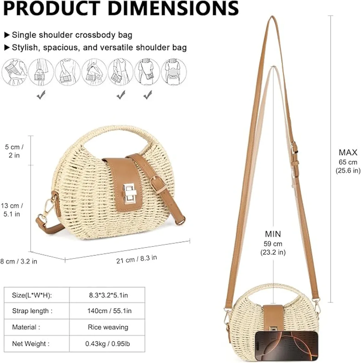Women’s Woven Straw Crossbody Bag, Small Rattan Shoulder Purse with Adjustable Strap, Boho Summer Beach Handbag with Turn-Lock Closure, Natural Wicker Tote