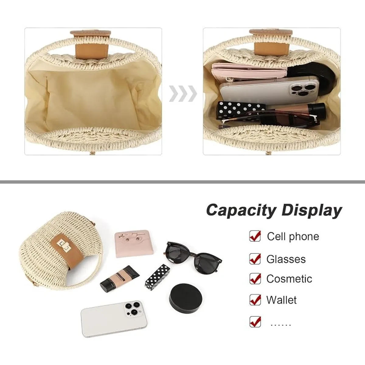 Women’s Woven Straw Crossbody Bag, Small Rattan Shoulder Purse with Adjustable Strap, Boho Summer Beach Handbag with Turn-Lock Closure, Natural Wicker Tote