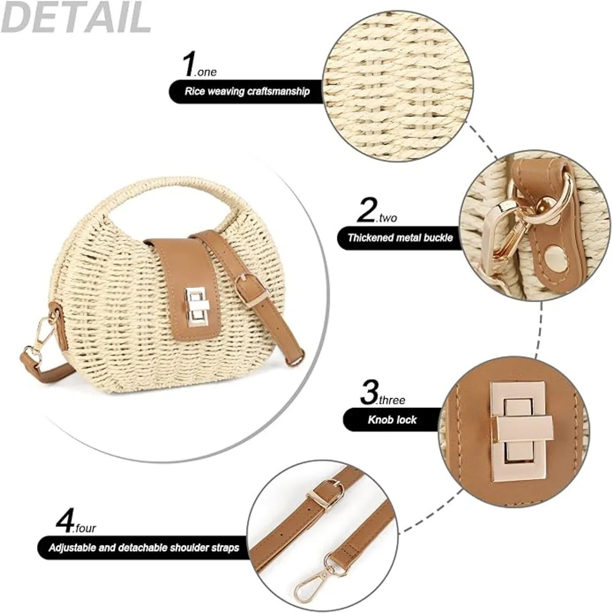 Women’s Woven Straw Crossbody Bag, Small Rattan Shoulder Purse with Adjustable Strap, Boho Summer Beach Handbag with Turn-Lock Closure, Natural Wicker Tote