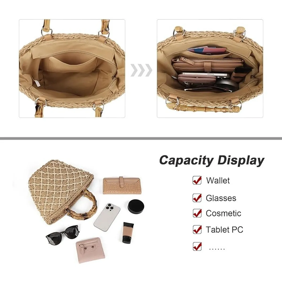 Women’s Woven Straw Top Handle Bag, Large Rattan Tote with Bamboo Handle, Boho Beach Handbag with Adjustable Strap, Summer Vacation Purse