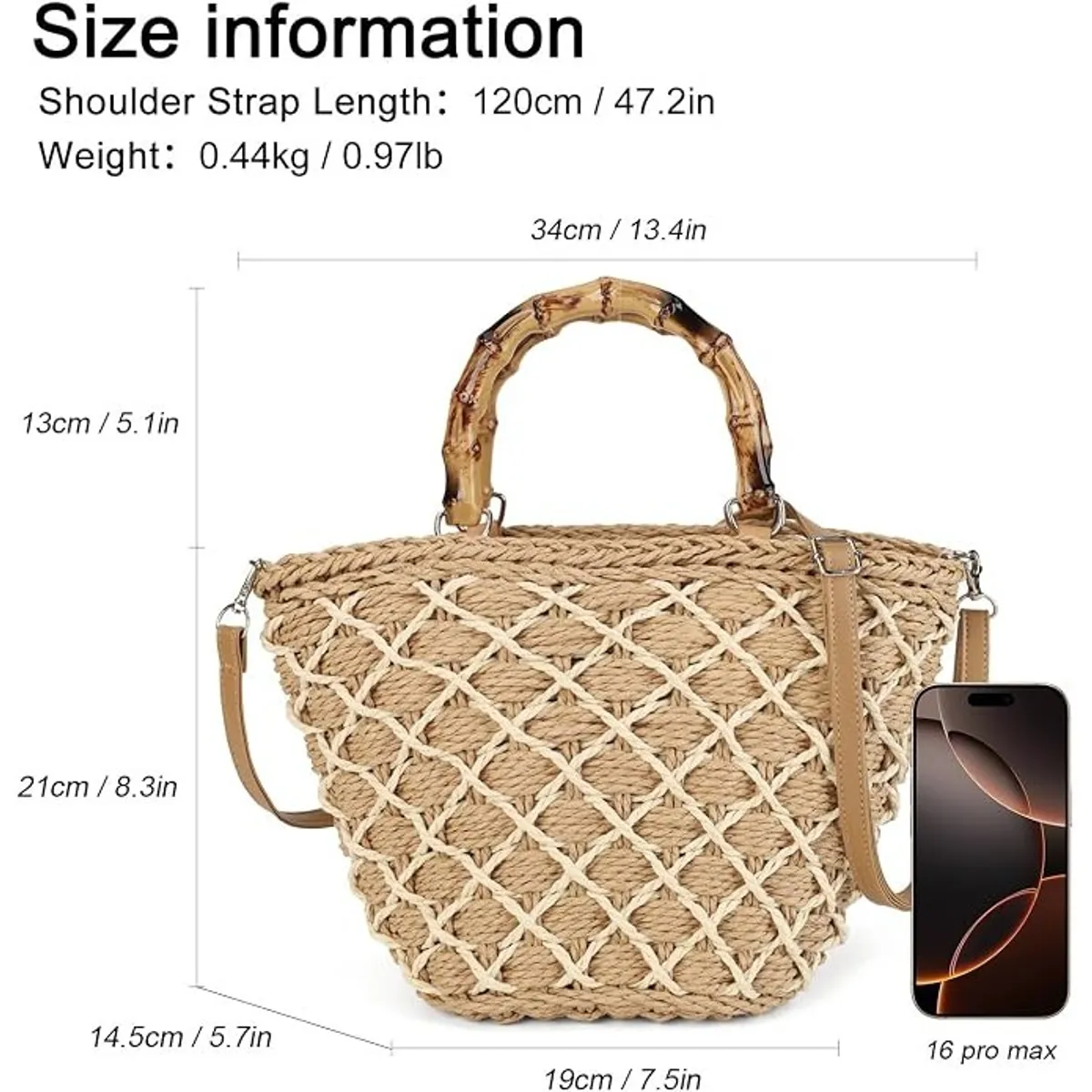 Women’s Woven Straw Top Handle Bag, Large Rattan Tote with Bamboo Handle, Boho Beach Handbag with Adjustable Strap, Summer Vacation Purse