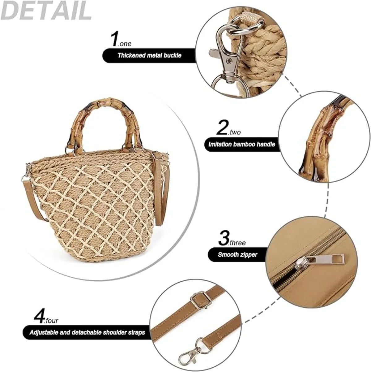 Women’s Woven Straw Top Handle Bag, Large Rattan Tote with Bamboo Handle, Boho Beach Handbag with Adjustable Strap, Summer Vacation Purse