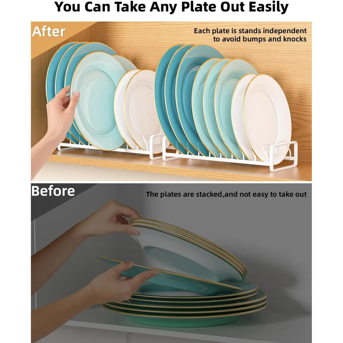 2-Pack Plate Organizer for Cabinet, 8-Slot Vertical Dish Rack, Carbon Steel Plate Holder for Kitchen Counter, Drawer, Shelf, Rust-Proof Space Saver