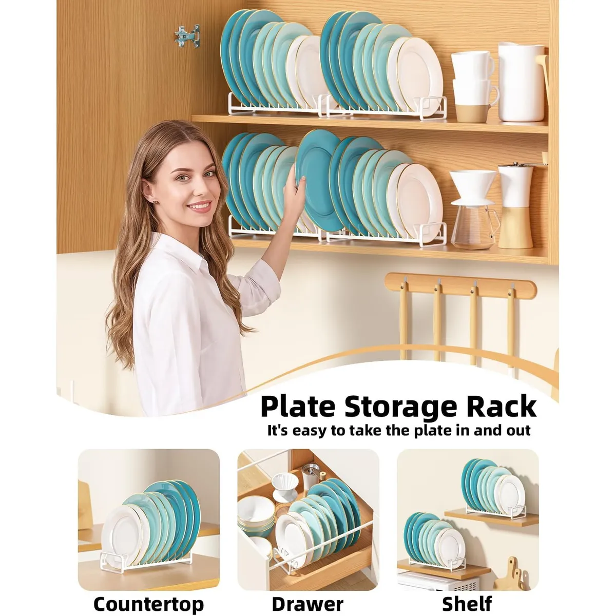 2-Pack Plate Organizer for Cabinet, 8-Slot Vertical Dish Rack, Carbon Steel Plate Holder for Kitchen Counter, Drawer, Shelf, Rust-Proof Space Saver