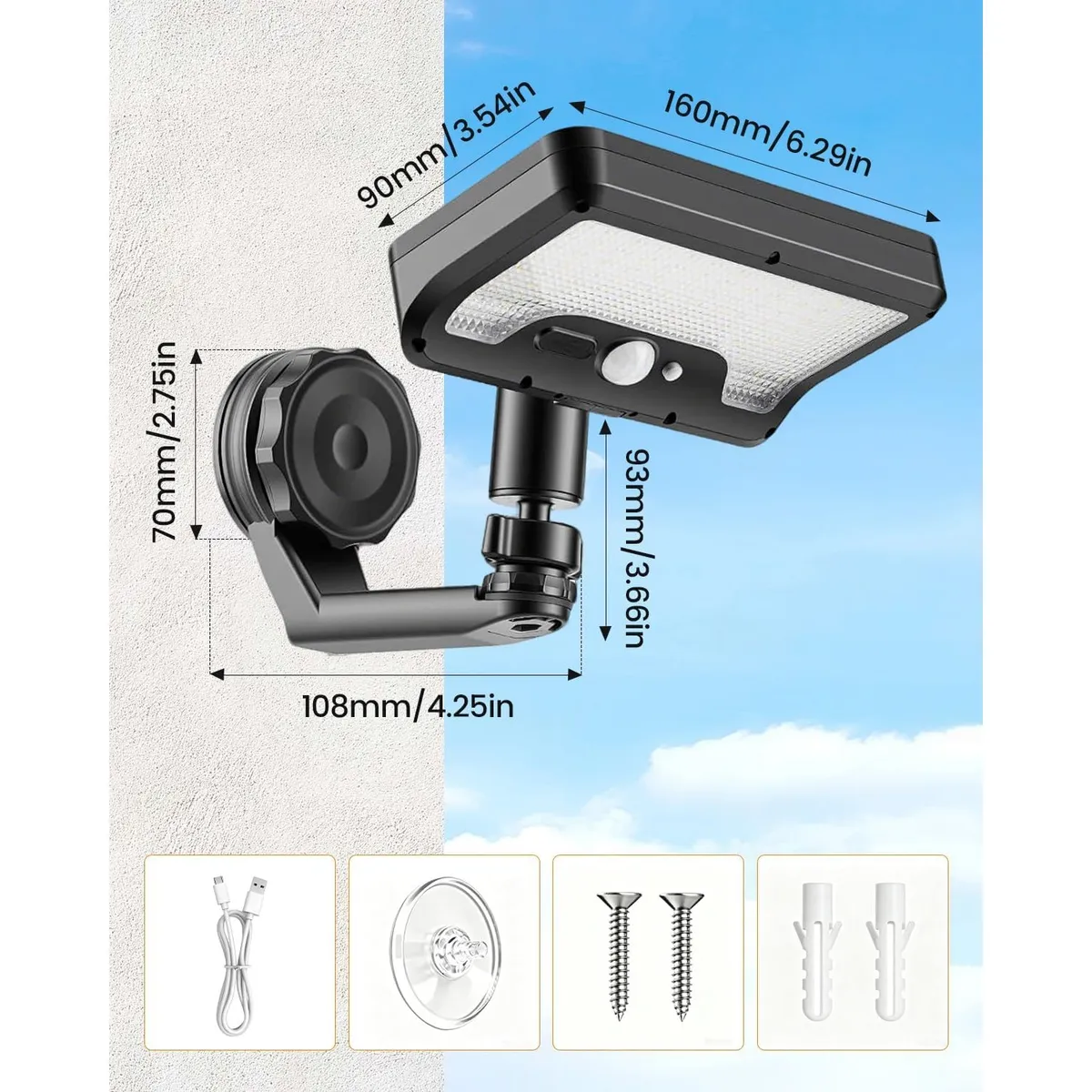 Magnetic Solar Motion Sensor Light, 600 Lumens Outdoor Wireless Wall Light, IP65 Waterproof Security Lamp for Gate, Porch, Garden, USB Rechargeable