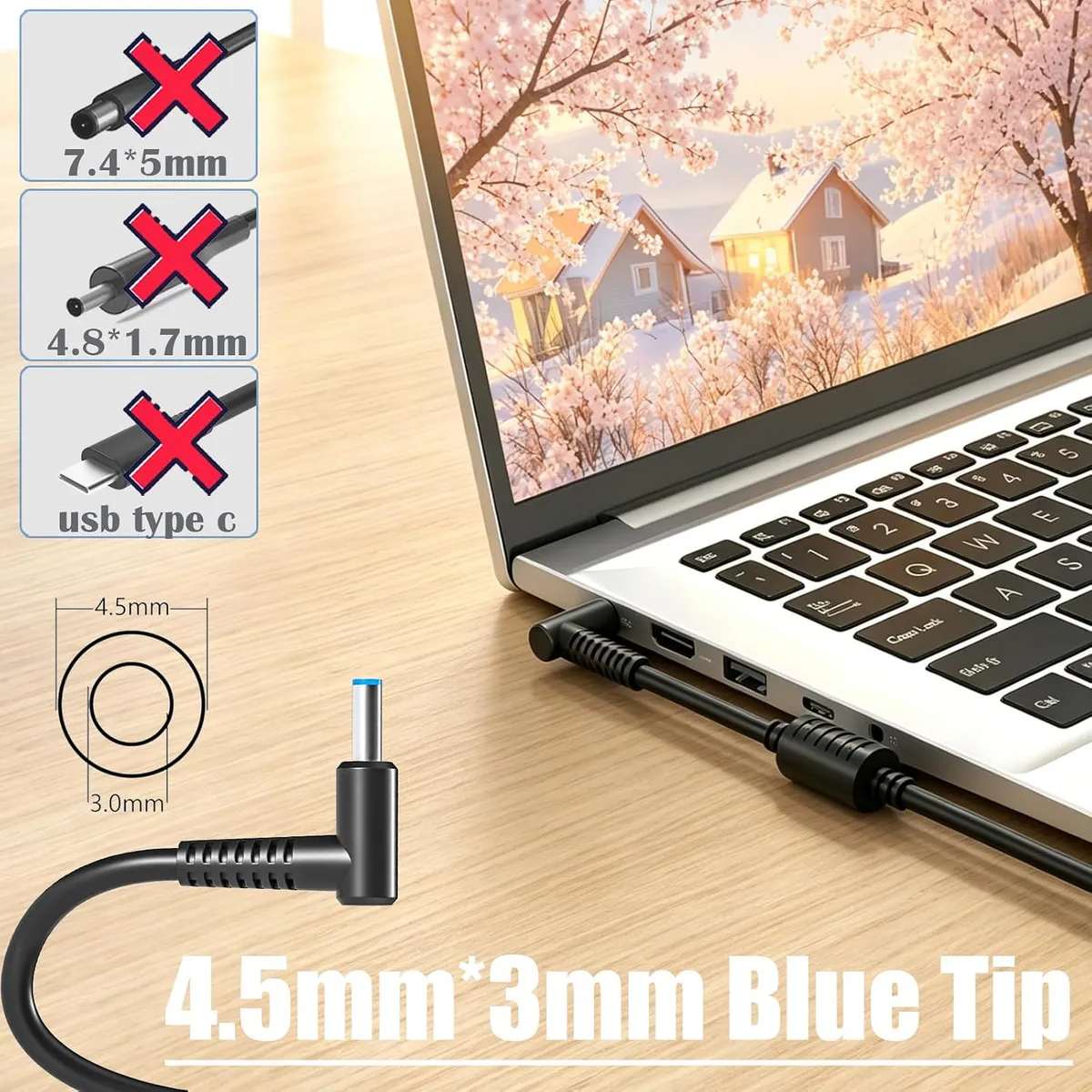 65W HP Laptop Charger, Blue Tip 4.5mm x 3mm, Compatible with Pavilion, Stream, ProBook, Envy, Replacement Power Cord for 19.5V 3.33A Adapters