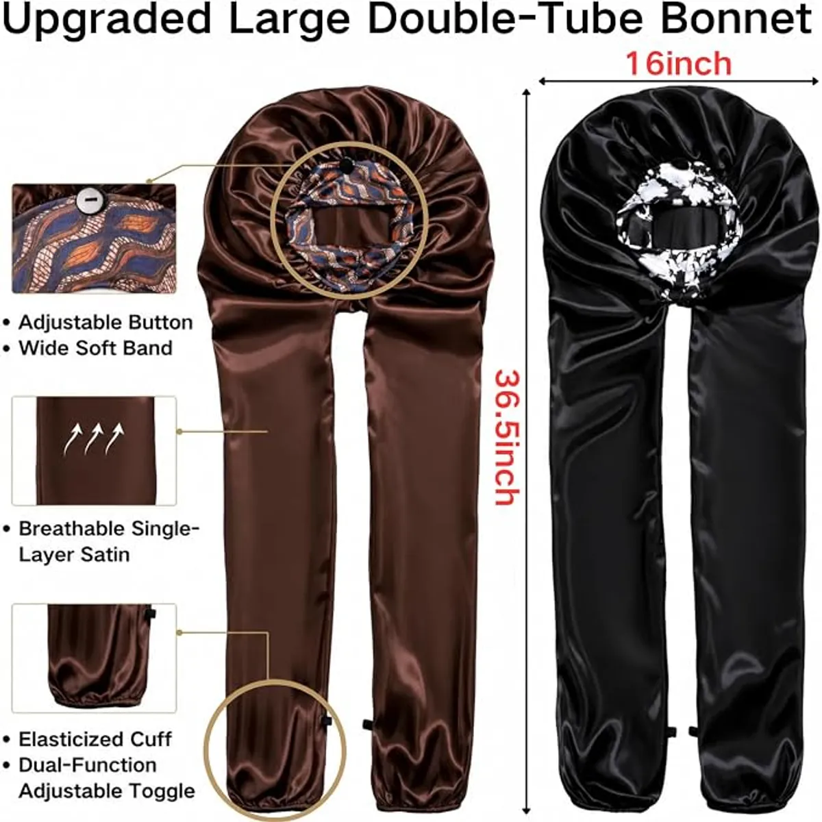 Dual Sleeve Satin Sleep Bonnet, Adjustable Double Layer Hair Protector for Long Hair, Braids, Locs, Extensions, Anti-Frizz Night Cap with Button Closure