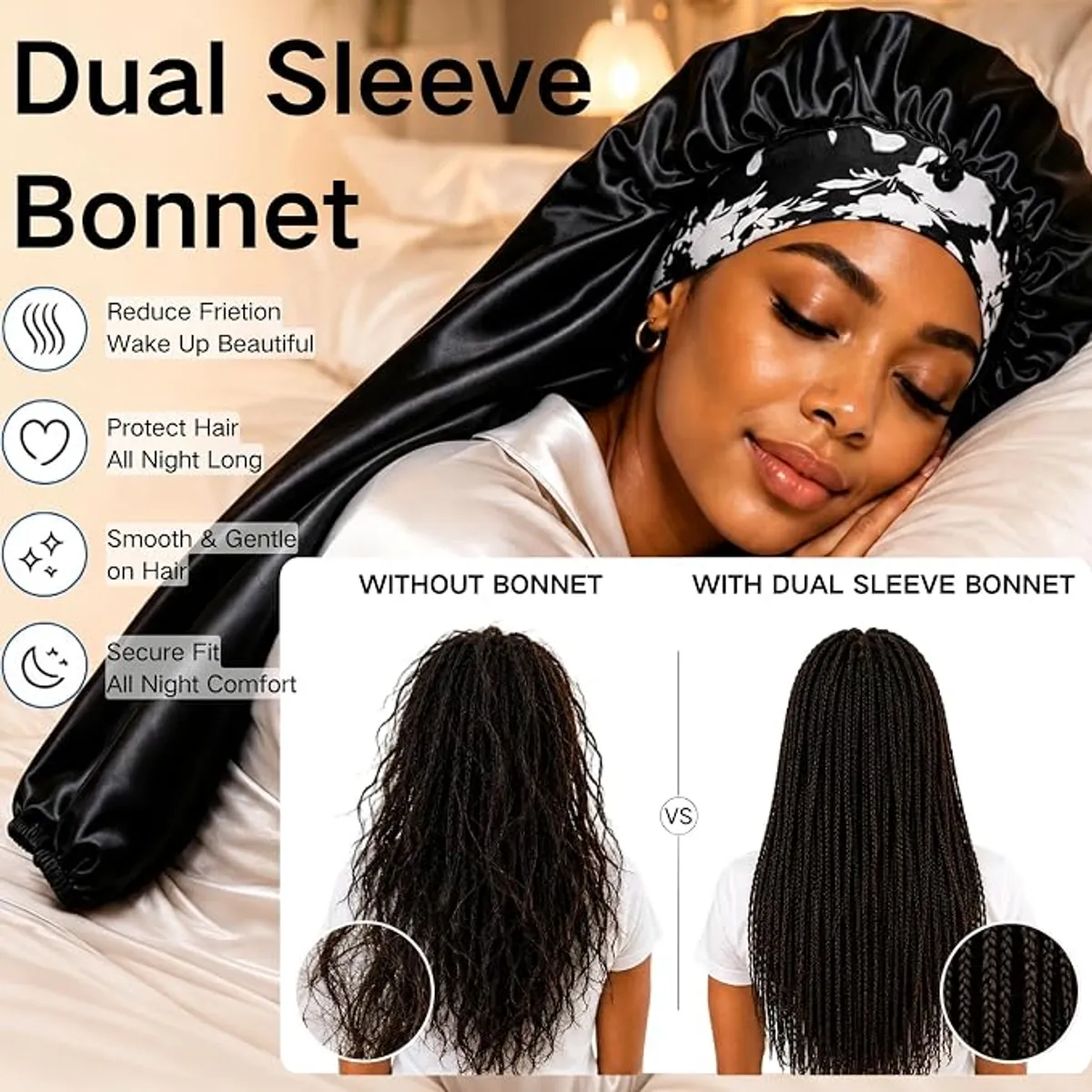 Dual Sleeve Satin Sleep Bonnet, Adjustable Double Layer Hair Protector for Long Hair, Braids, Locs, Extensions, Anti-Frizz Night Cap with Button Closure