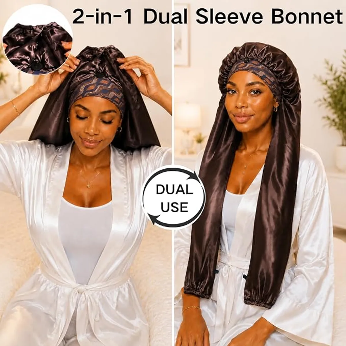 Dual Sleeve Satin Sleep Bonnet, Adjustable Double Layer Hair Protector for Long Hair, Braids, Locs, Extensions, Anti-Frizz Night Cap with Button Closure