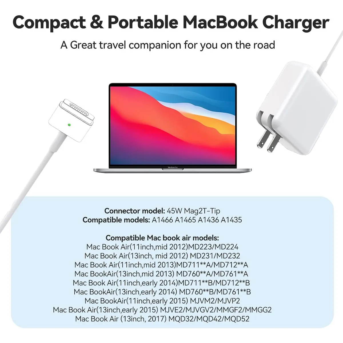 45W MagSafe 2 Charger for MacBook Air 11 13 Inch, T-Type Power Adapter Compatible with 2012-2017 Models, Replacement Laptop Charging Cable