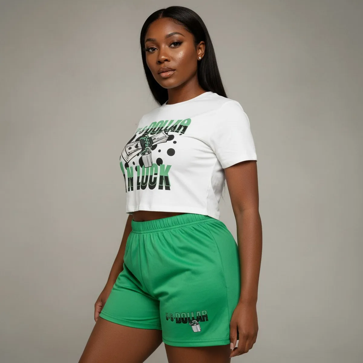 Women'S Sexy 2 Pieces Outfit Money Printed Crop Top And  Shorts Set - M