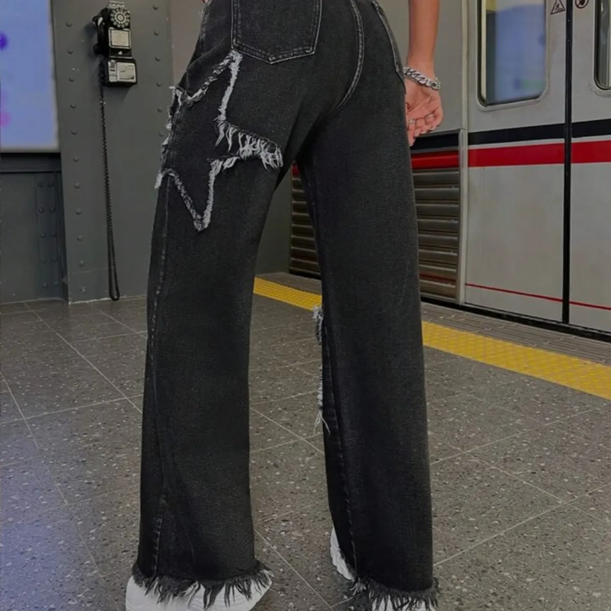 Black Denim jeans Feature prominent frayed star cutouts and raw hem edges-Size XXS