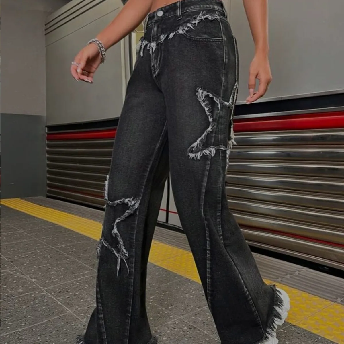 Black Denim jeans Feature prominent frayed star cutouts and raw hem edges-Size XXS
