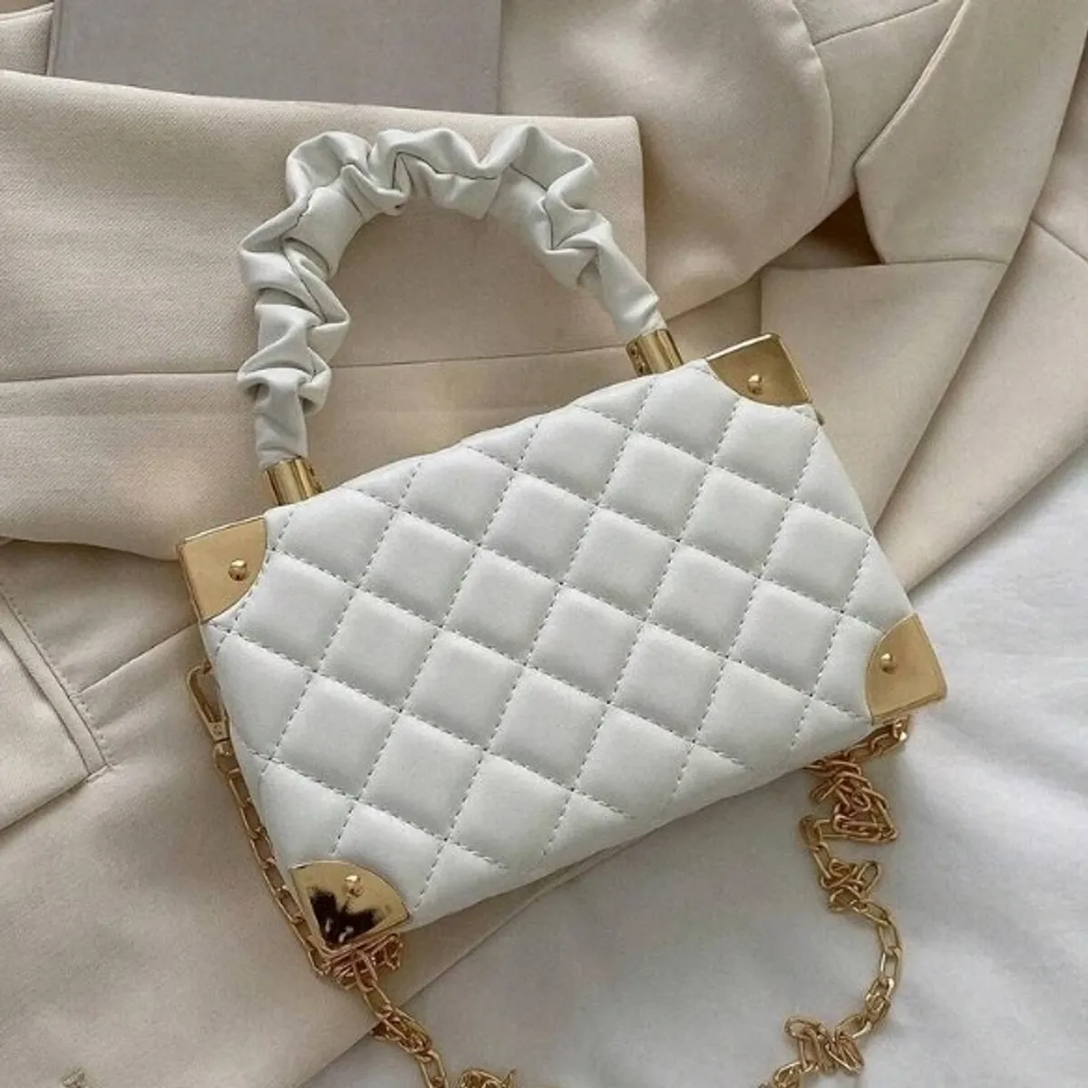 Women's White & Gold Quilted Shoulder Bag
