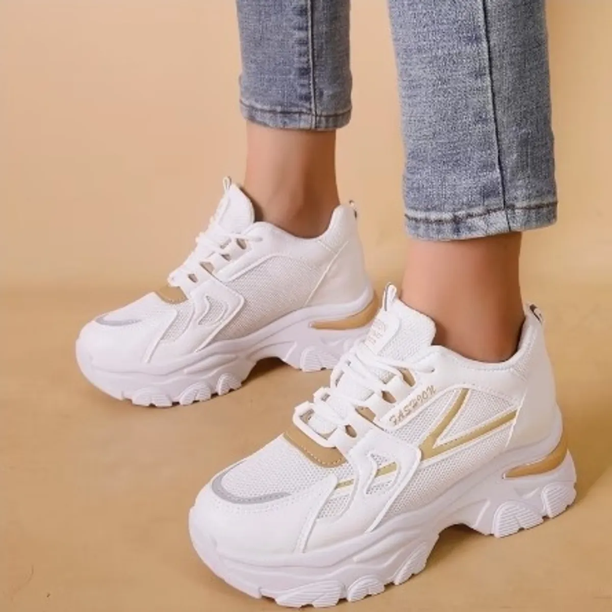 Women'S  White & Light Brown Sneakers-Size 8/8.5