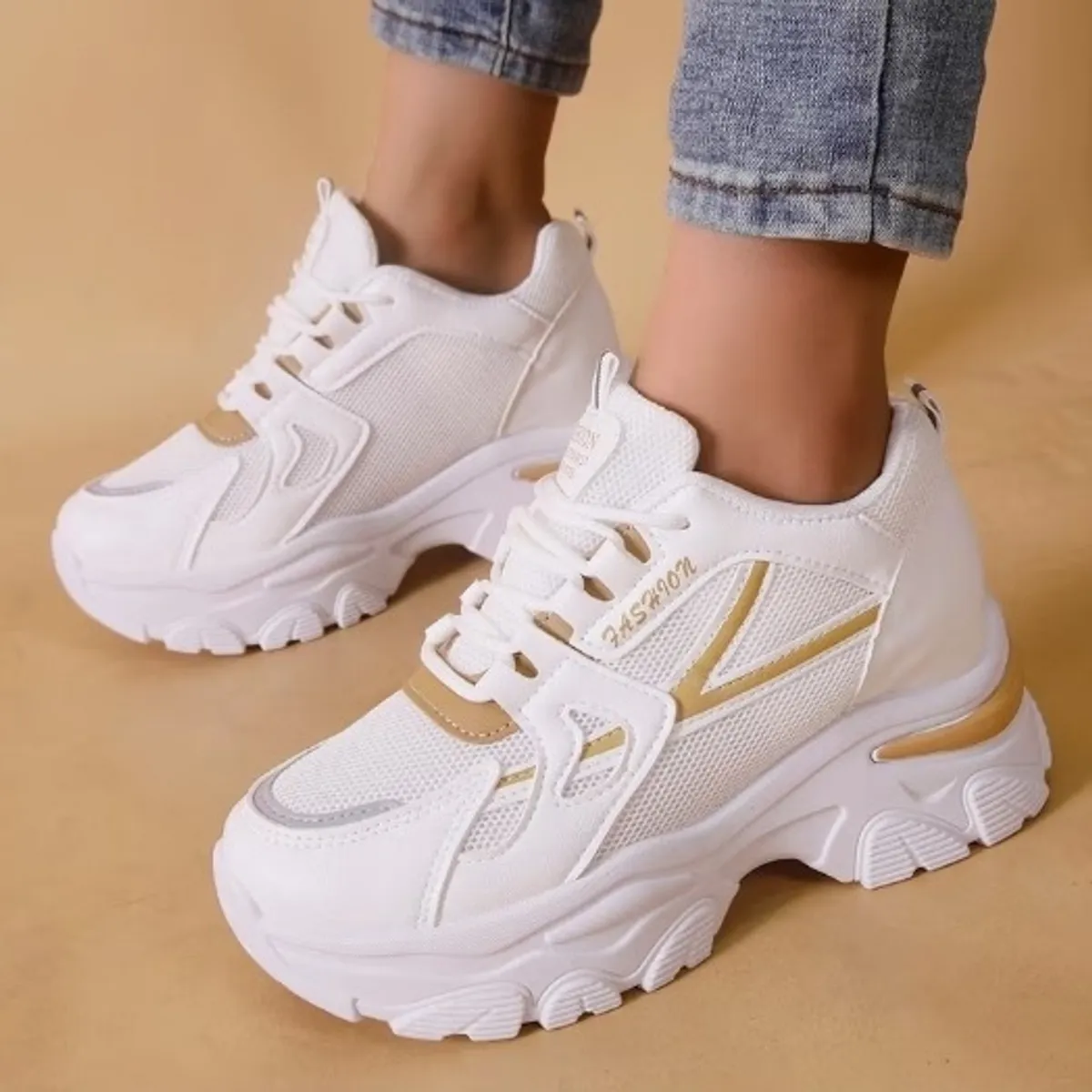 Women'S  White & Light Brown Sneakers-Size 8/8.5