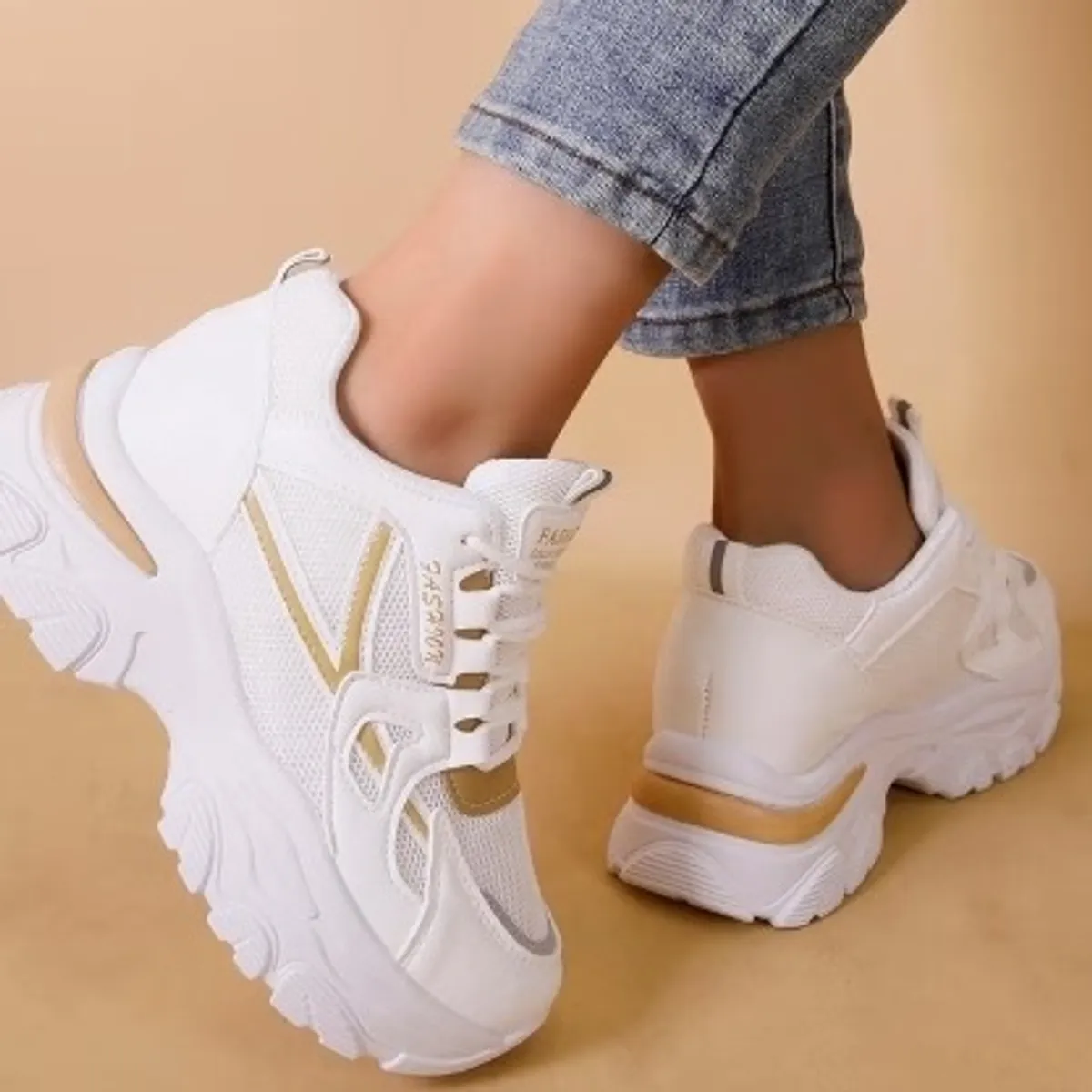 Women'S  White & Light Brown Sneakers-Size 8/8.5
