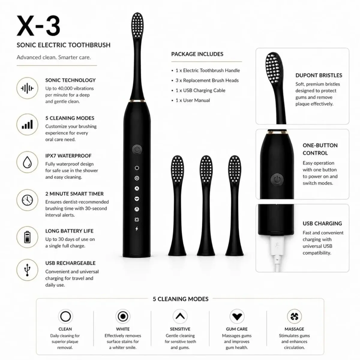 X-3 Electronic Rechargeable Toothbrush - Black