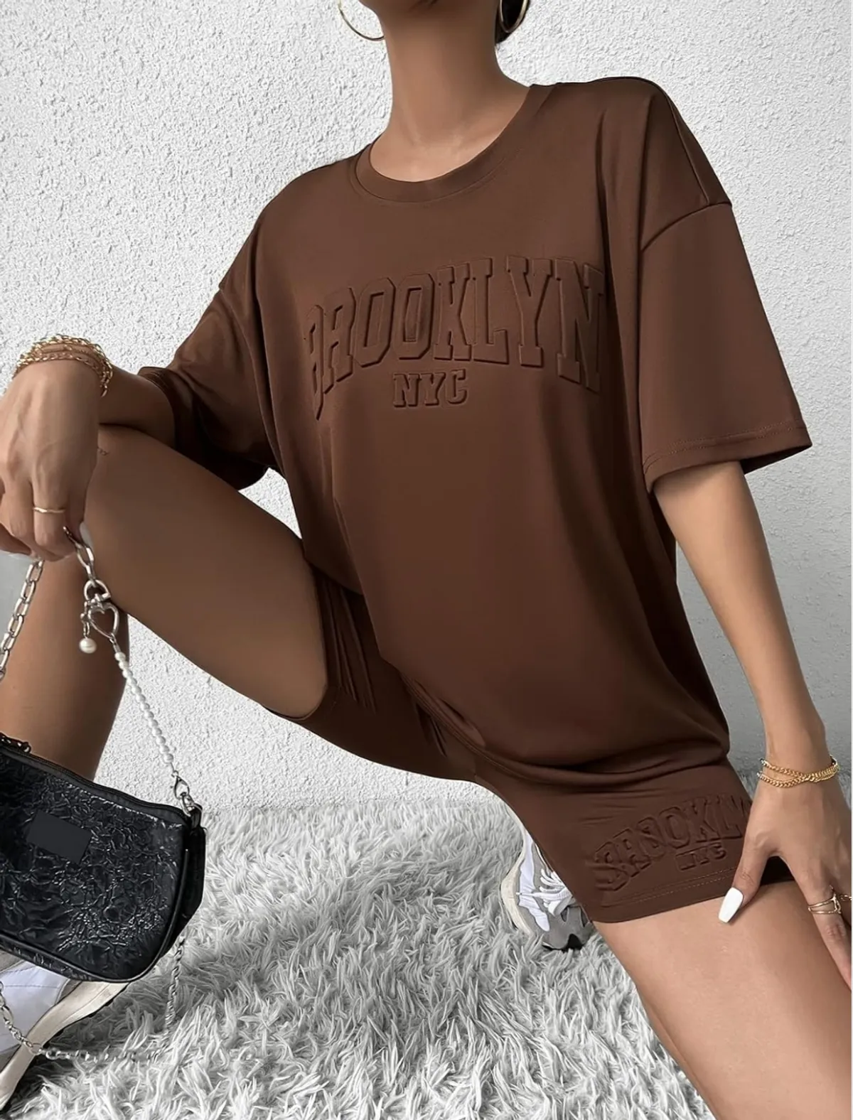 Letter Textured Drop Shoulder Tee & Biker Shorts - Size L