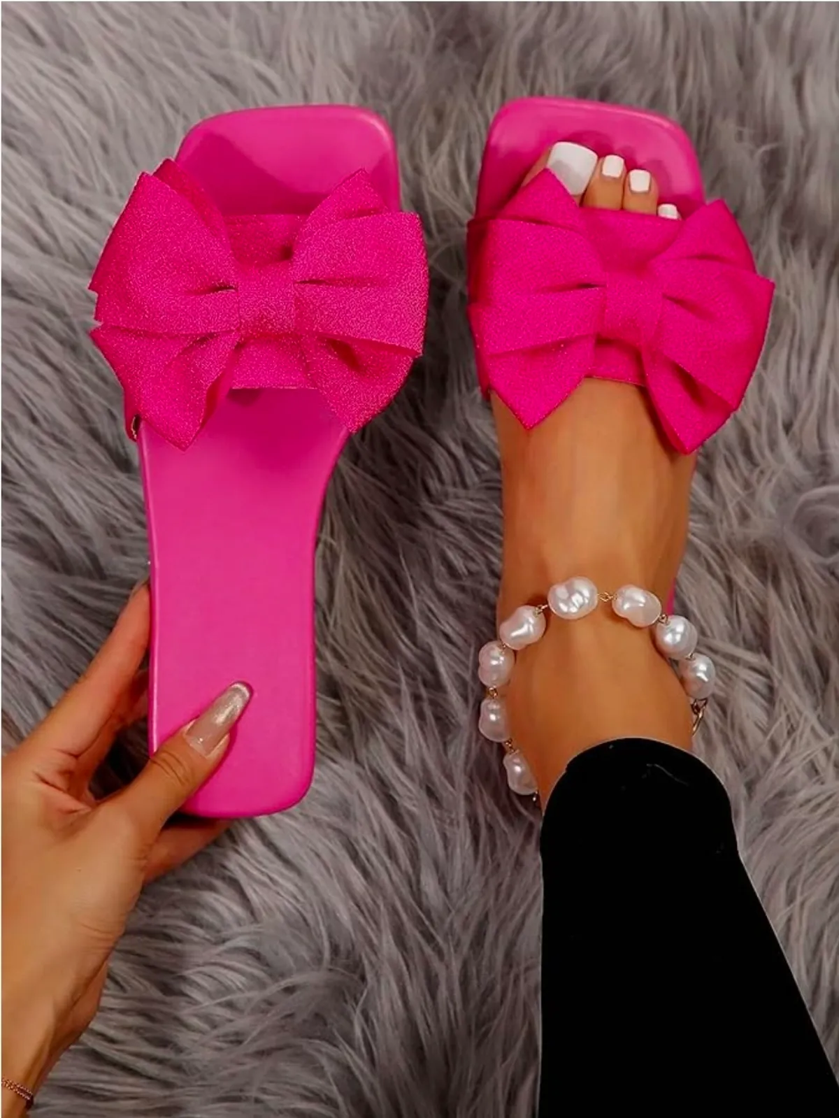 Women's Bow Sandals Dressy Cute Square Open Toe Slip on - Size 8.5