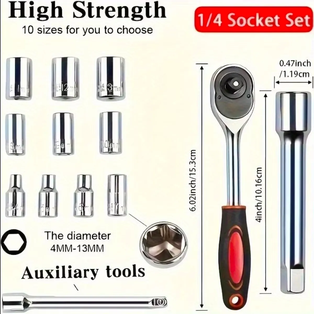 12pcs Ratchet Socket Wrench Set Features a 1/4-inch Drive Reversible Ratchet Handle with a Red and Black Grip