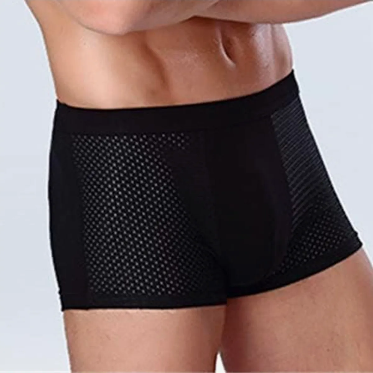 Men's Ice Mesh Boxer Briefs Hollow Middle-Waist Underwear Breathable Knitted Underpants - Size L, Black