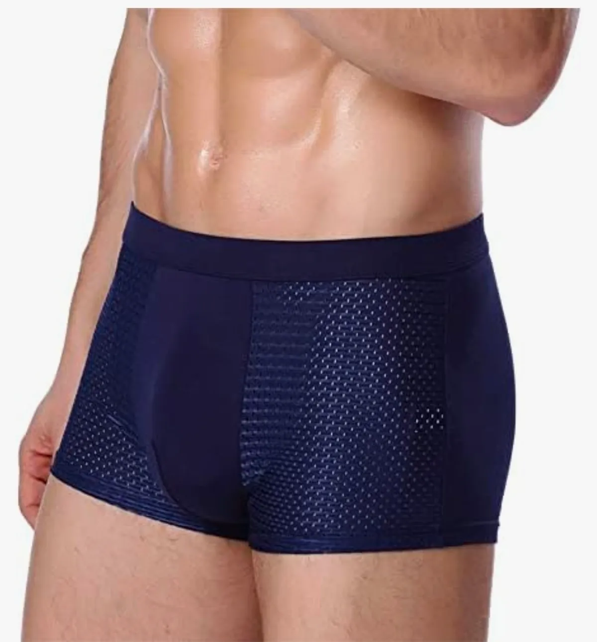 Men's Ice Mesh Boxer Briefs Hollow Middle-Waist Underwear Breathable Knitted Underpants - Size L, Blue