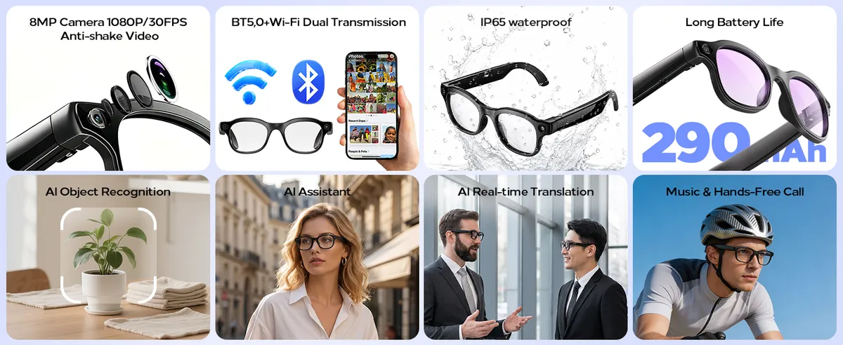AI Smart Glasses with Camera 8MP, 4K Video, Bluetooth Ai Glasses for Men Women, Wireless Charging, Real-Time Translation, Voice Assistant, Object Recognition, Long Battery Life - 3 Lenses