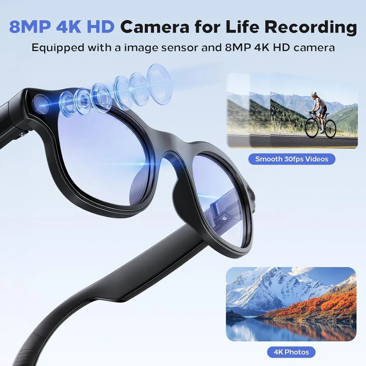 AI Smart Glasses with Camera 8MP, 4K Video, Bluetooth Ai Glasses for Men Women, Wireless Charging, Real-Time Translation, Voice Assistant, Object Recognition, Long Battery Life - 3 Lenses