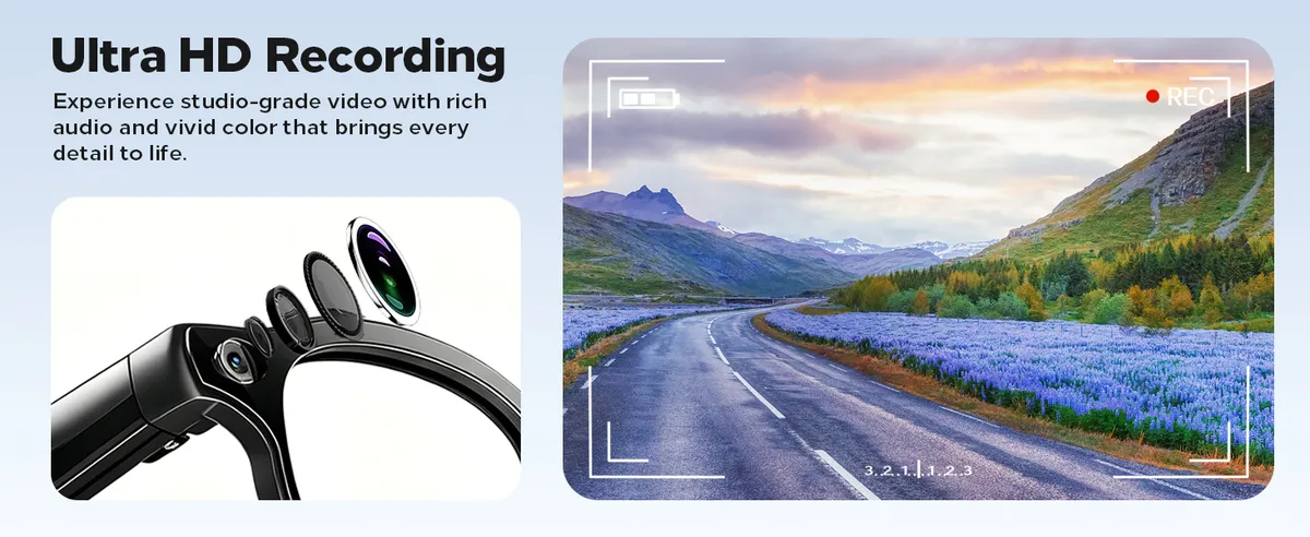 AI Smart Glasses with Camera 8MP, 4K Video, Bluetooth Ai Glasses for Men Women, Wireless Charging, Real-Time Translation, Voice Assistant, Object Recognition, Long Battery Life - 3 Lenses