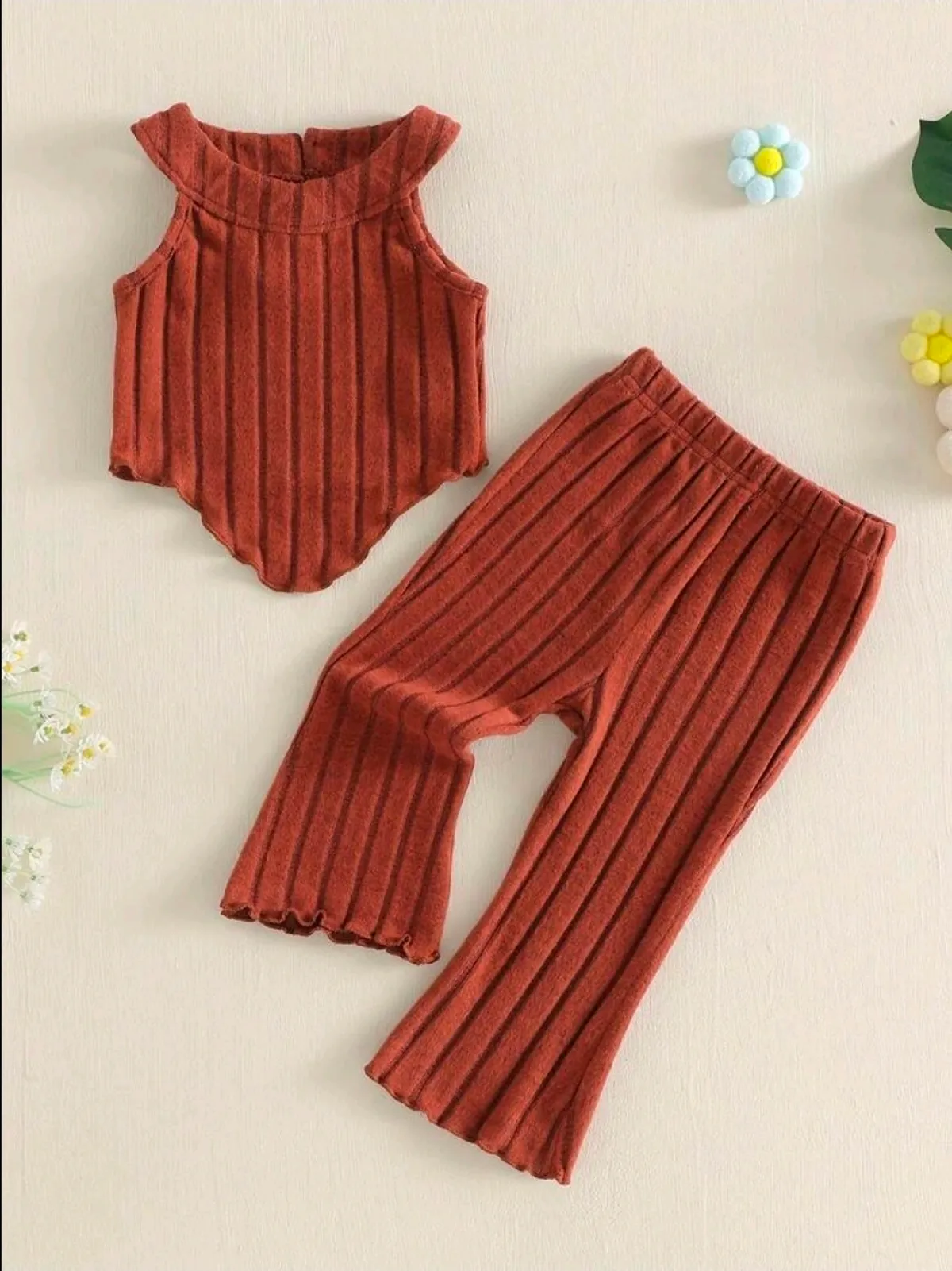 Toddler Girl Summer Outfits Ribbed Tank Tops + Elastic Waist Flare Pants 2 Pcs Set - Size 2-3Y