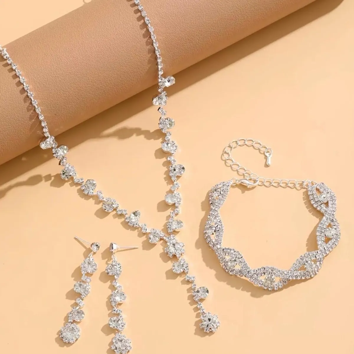 Rhinestone Bride Wedding Jewelry Sets Bridal Necklace Bracelet Earrings Set - Silver
