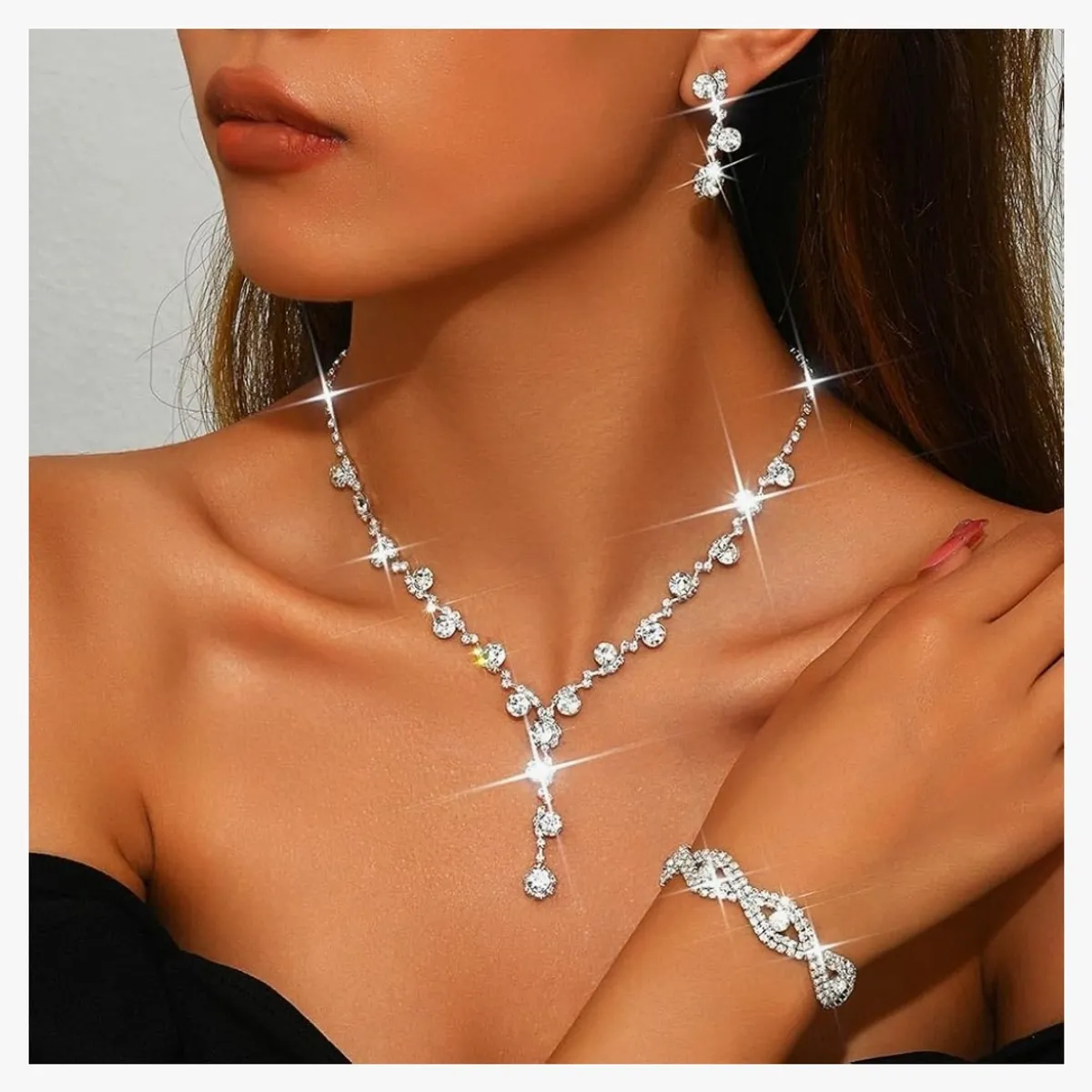 Rhinestone Bride Wedding Jewelry Sets Bridal Necklace Bracelet Earrings Set - Silver
